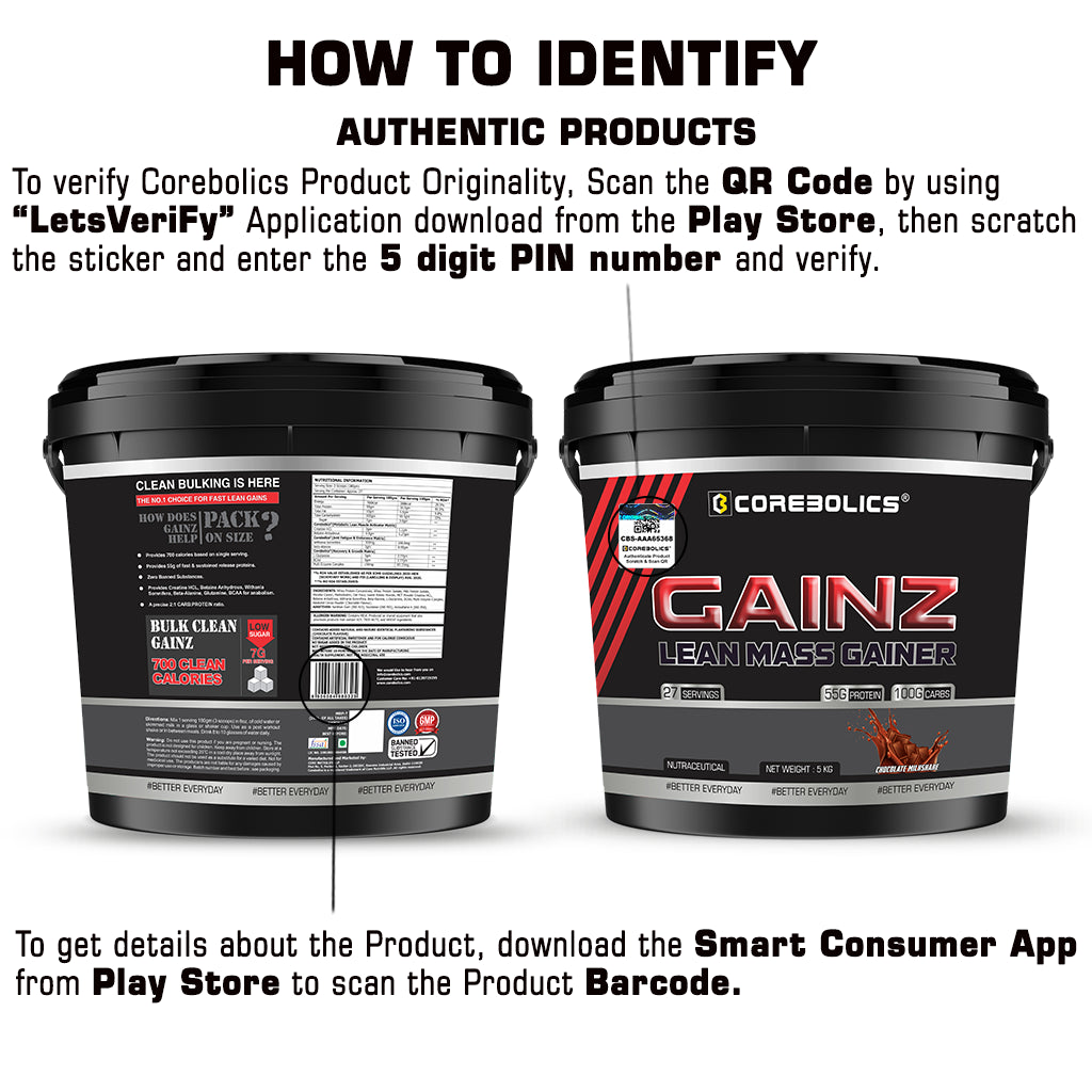 Corebolics Gainz -Lean Mass Gainer (5 kg, 27 Servings)  + FREE GYM BAG