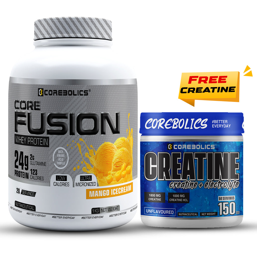 Corebolics Core Fusion Whey Protein  (1 kg, 28 Servings ) + 150g Creatine Free