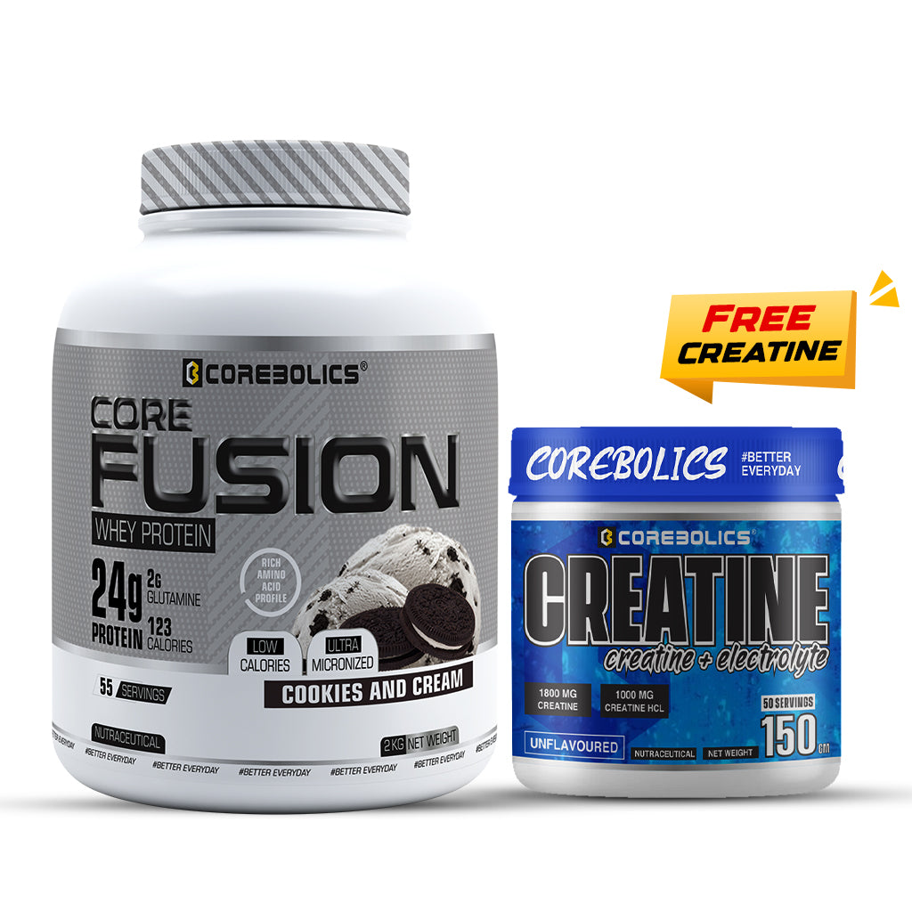 COREBOLICS CORE FUSION WHEY PROTEIN (2 KG , 55 SERVINGS) + Free Creatine (Unflavored, 150 gm)