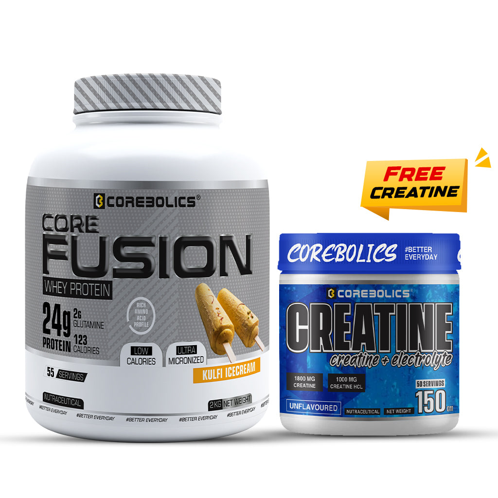 COREBOLICS CORE FUSION WHEY PROTEIN (2 KG , 55 SERVINGS) + Free Creatine (Unflavored, 150 gm)