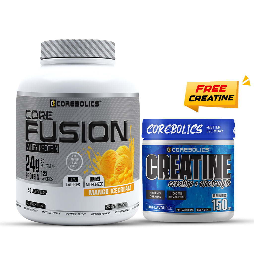 COREBOLICS CORE FUSION WHEY PROTEIN (2 KG , 55 SERVINGS) + Free Creatine (Unflavored, 150 gm)