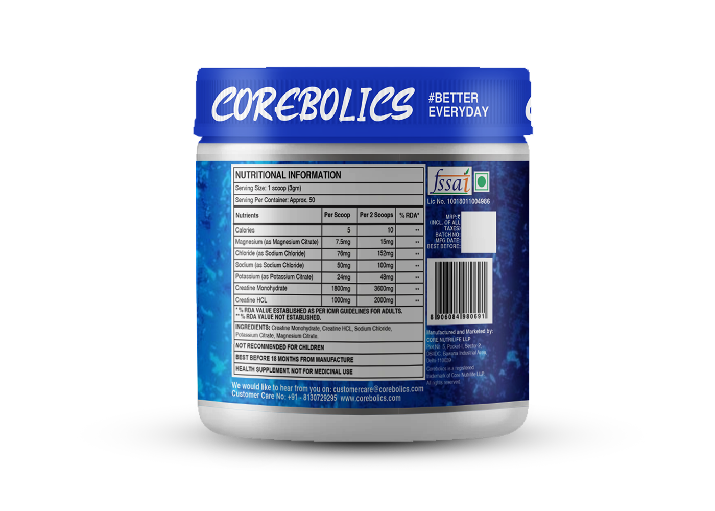 Corebolics Creatine (Creatine + Electrolyte) (Unflavored, 150 gm, 50 Servings)