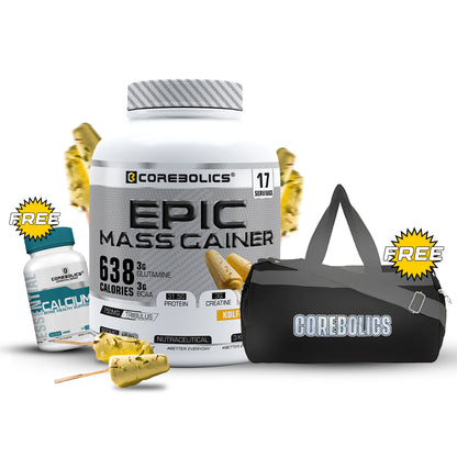 Corebolics Epic Mass Gainer(3 kg, 50 Servings)+ free gym bag and Calcium ( 30 Tablets)