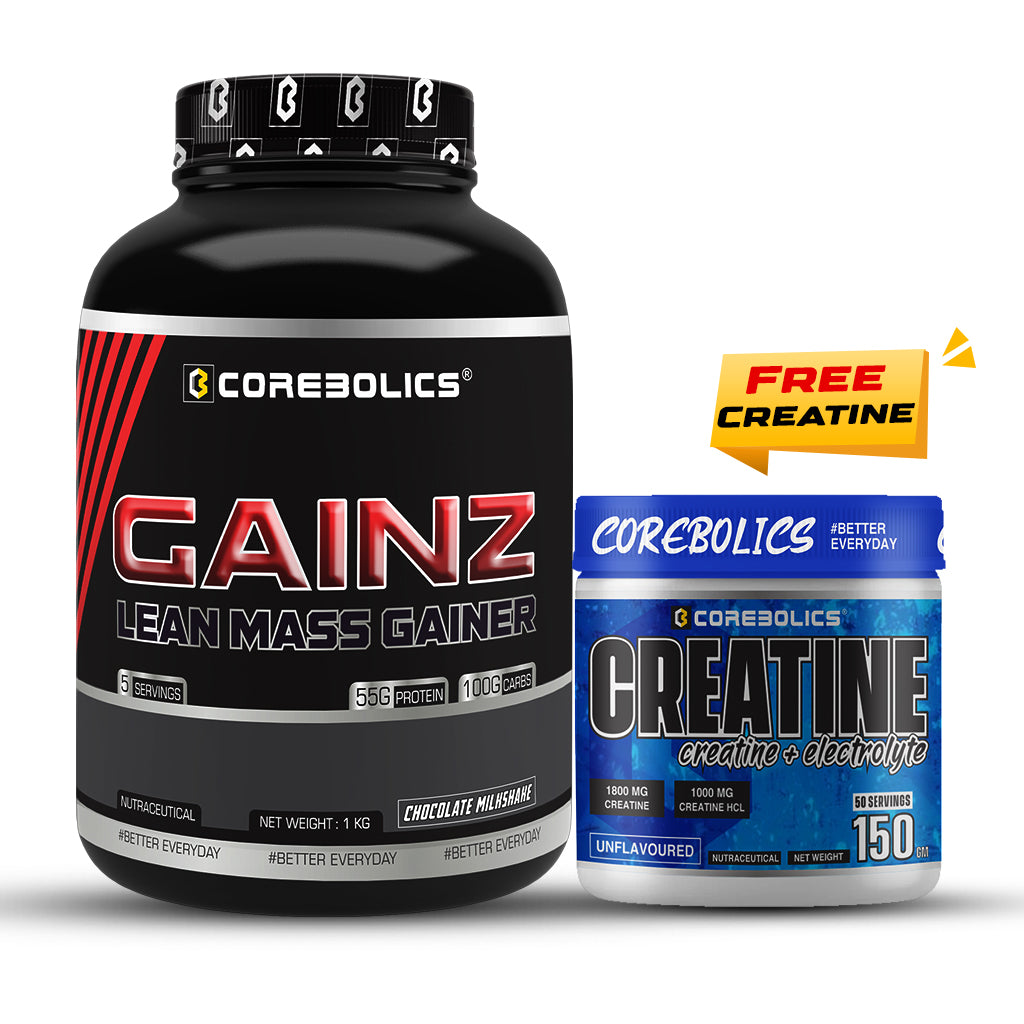 Corebolics Gainz - Lean Mass Gainer (1 kg, 5 Servings) + 150g Creatine free