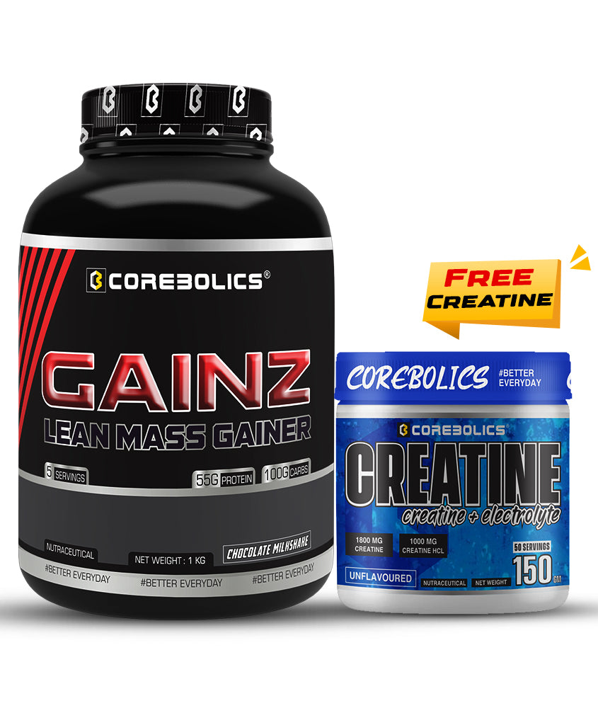 Corebolics Gainz - Lean Mass Gainer (1 kg, 5 Servings) + 150g Creatine free