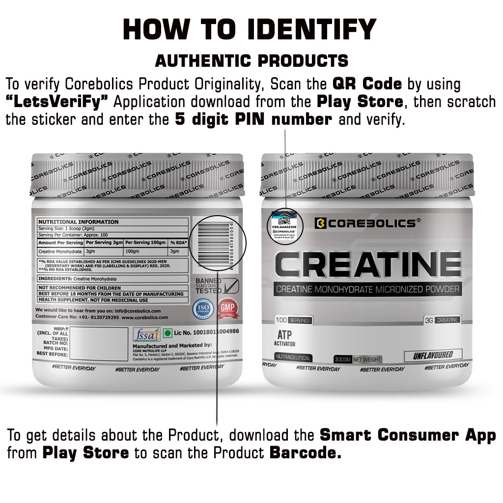 Corebolics Creatine Monohydrate Micronized Powder(Unflavored, 300 gm, 100 Servings)