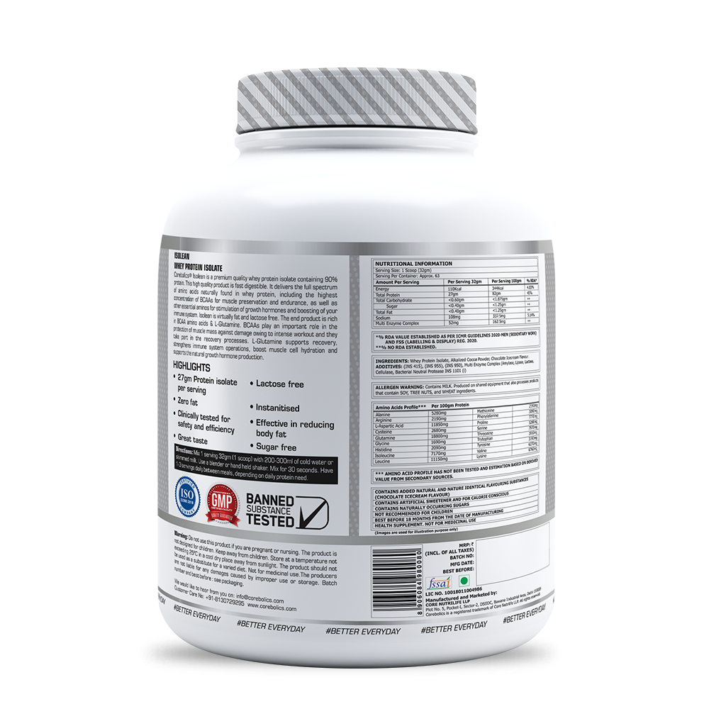 Corebolics Isolean 100% Whey Protein Isolate (2 kg, 63 Servings) +  FREE GOLD STEEL SHAKER