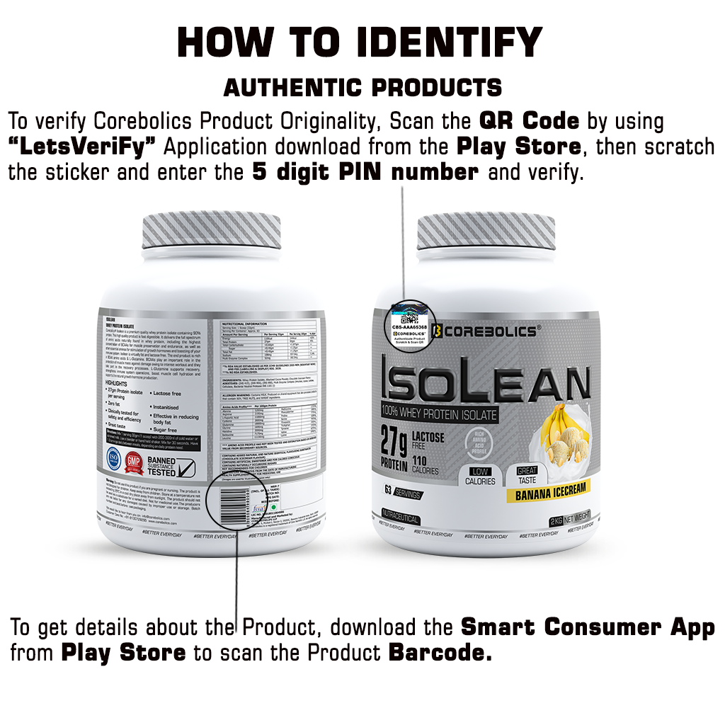 Corebolics Isolean 100% Whey Protein Isolate (2 kg, 63 Servings) +  FREE GOLD STEEL SHAKER