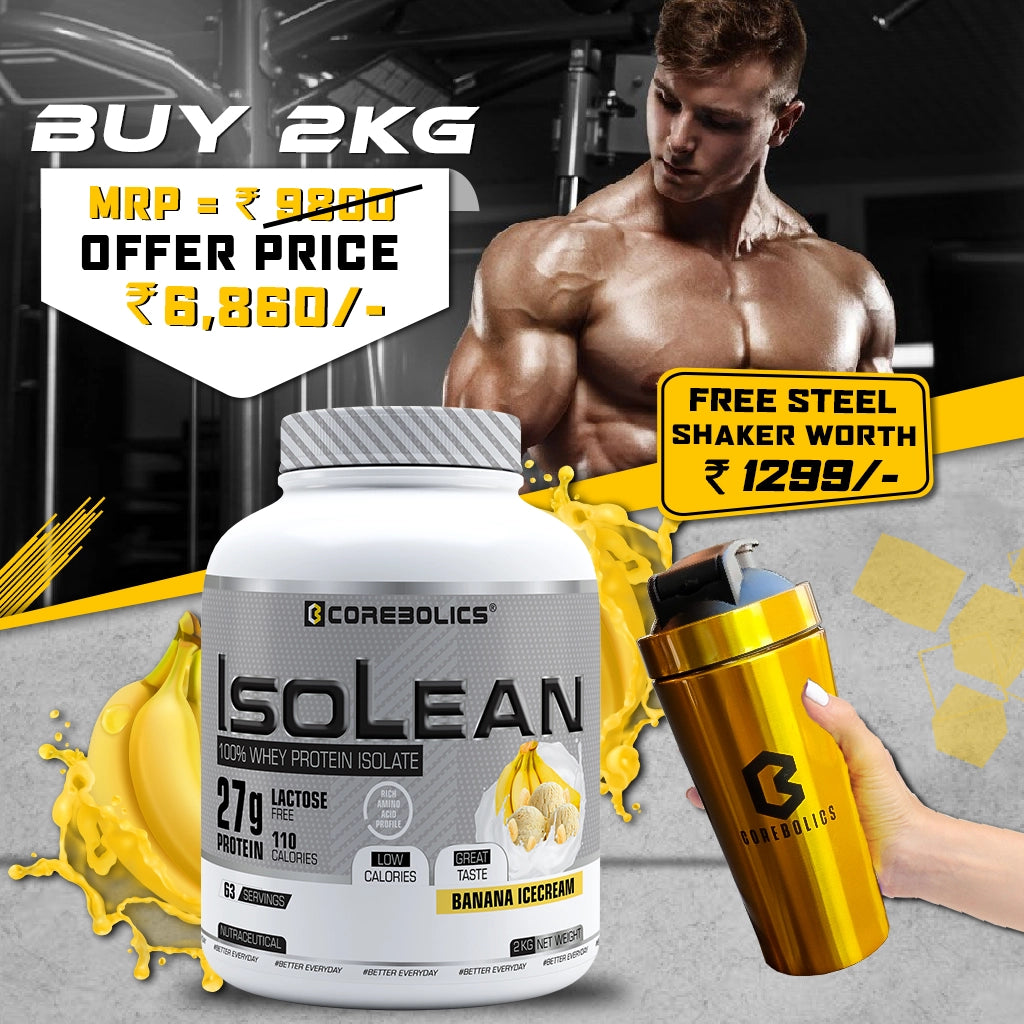 Corebolics Isolean 100% Whey Protein Isolate (2 kg, 63 Servings) +  FREE GOLD STEEL SHAKER