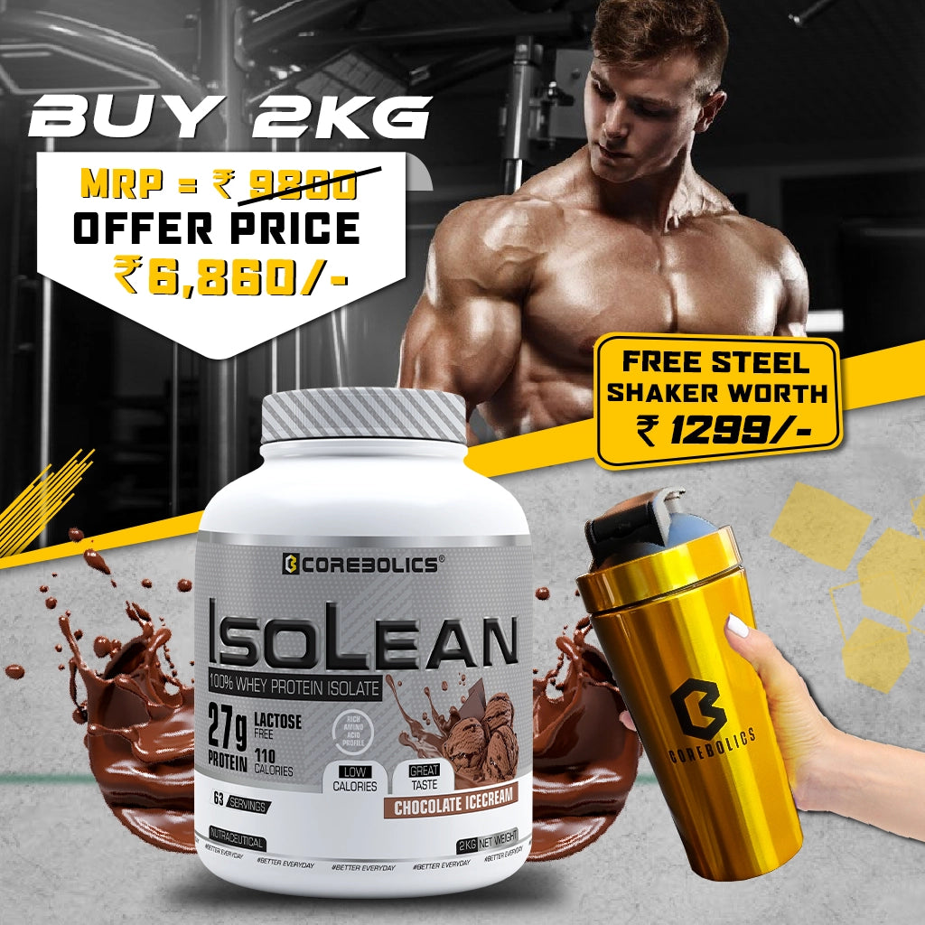 Corebolics Isolean 100% Whey Protein Isolate (2 kg, 63 Servings) +  FREE GOLD STEEL SHAKER