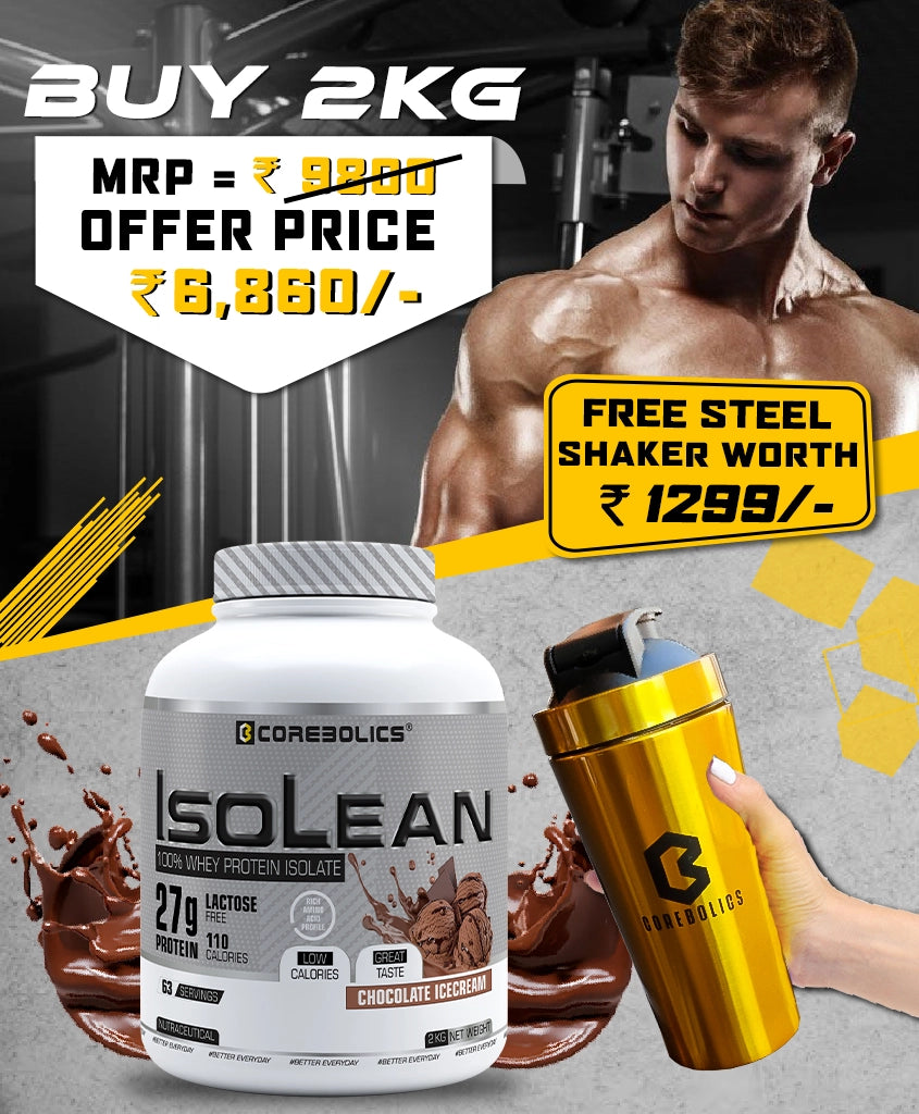 Corebolics Isolean 100% Whey Protein Isolate (2 kg, 63 Servings) +  FREE GOLD STEEL SHAKER