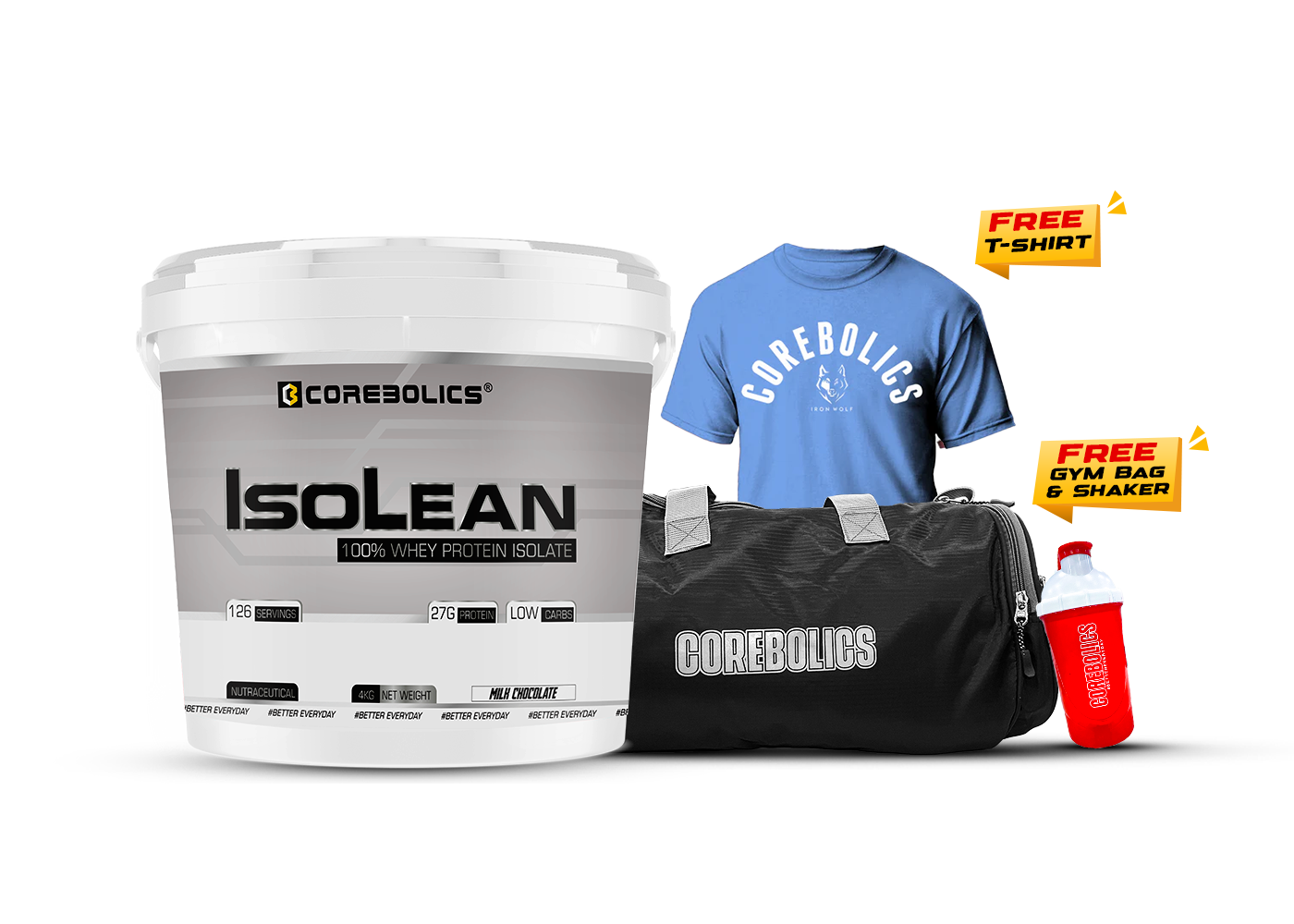 Corebolics Isolean -100% Whey Protein Isolate (4 kg, 126 Servings) + FREE GYM BAG,T-SHIRT and SHAKER