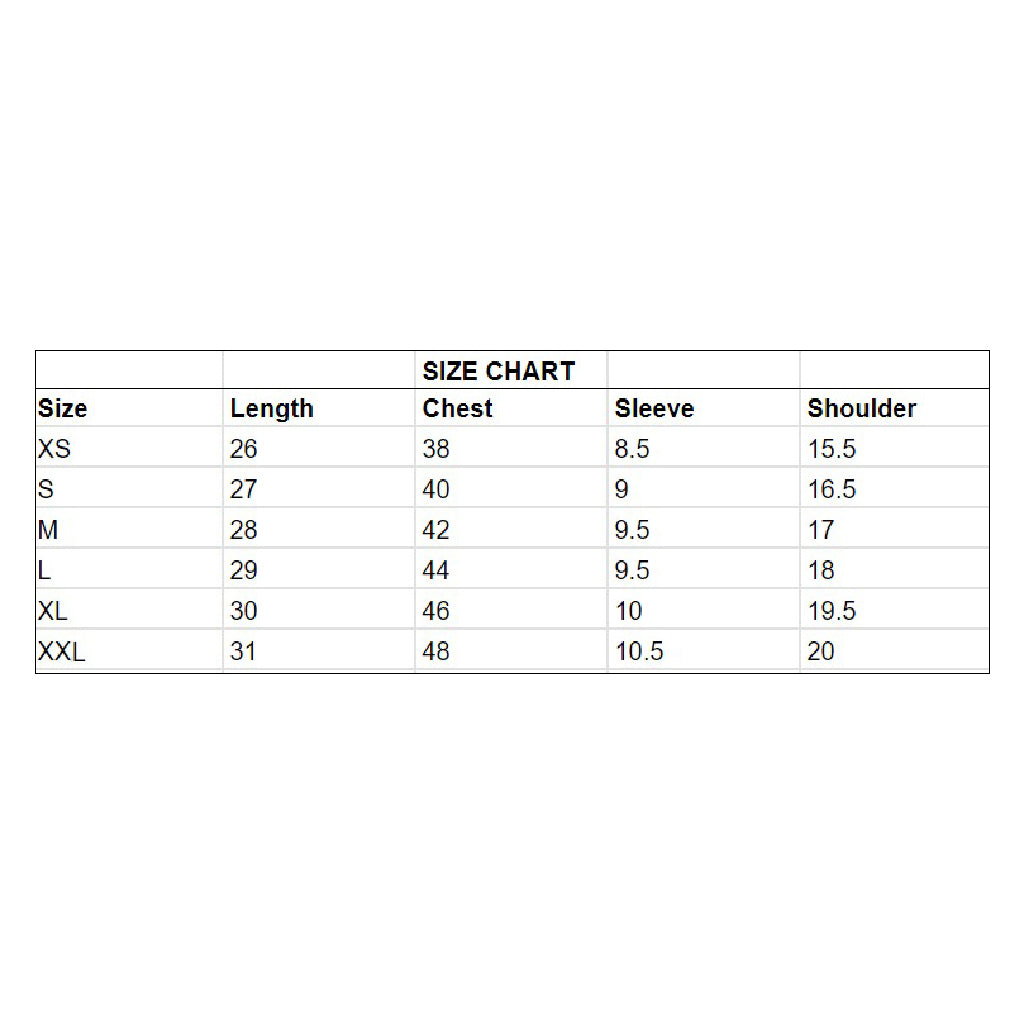 T- Shirt Size Chart