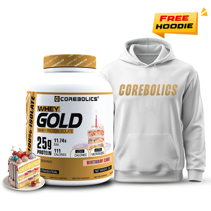 Corebolics Whey Gold - Isolate Protein(2 kg, 67 Servings) + FREE WHITE HOODIE