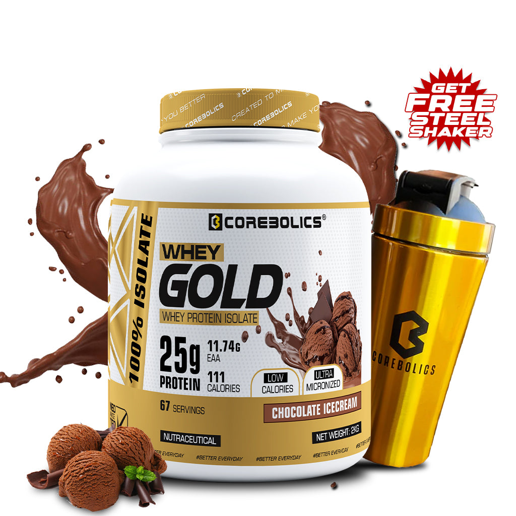 Corebolics Whey Gold - Isolate Protein(2 kg, 67 Servings) + GOLD STEEL SHAKER FREE