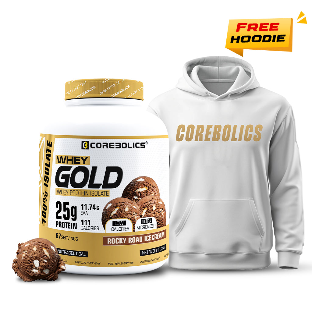 Corebolics Whey Gold - Isolate Protein(2 kg, 67 Servings) + FREE WHITE HOODIE