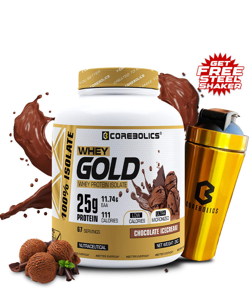 Corebolics Whey Gold - Isolate Protein(2 kg, 67 Servings) + GOLD STEEL SHAKER FREE