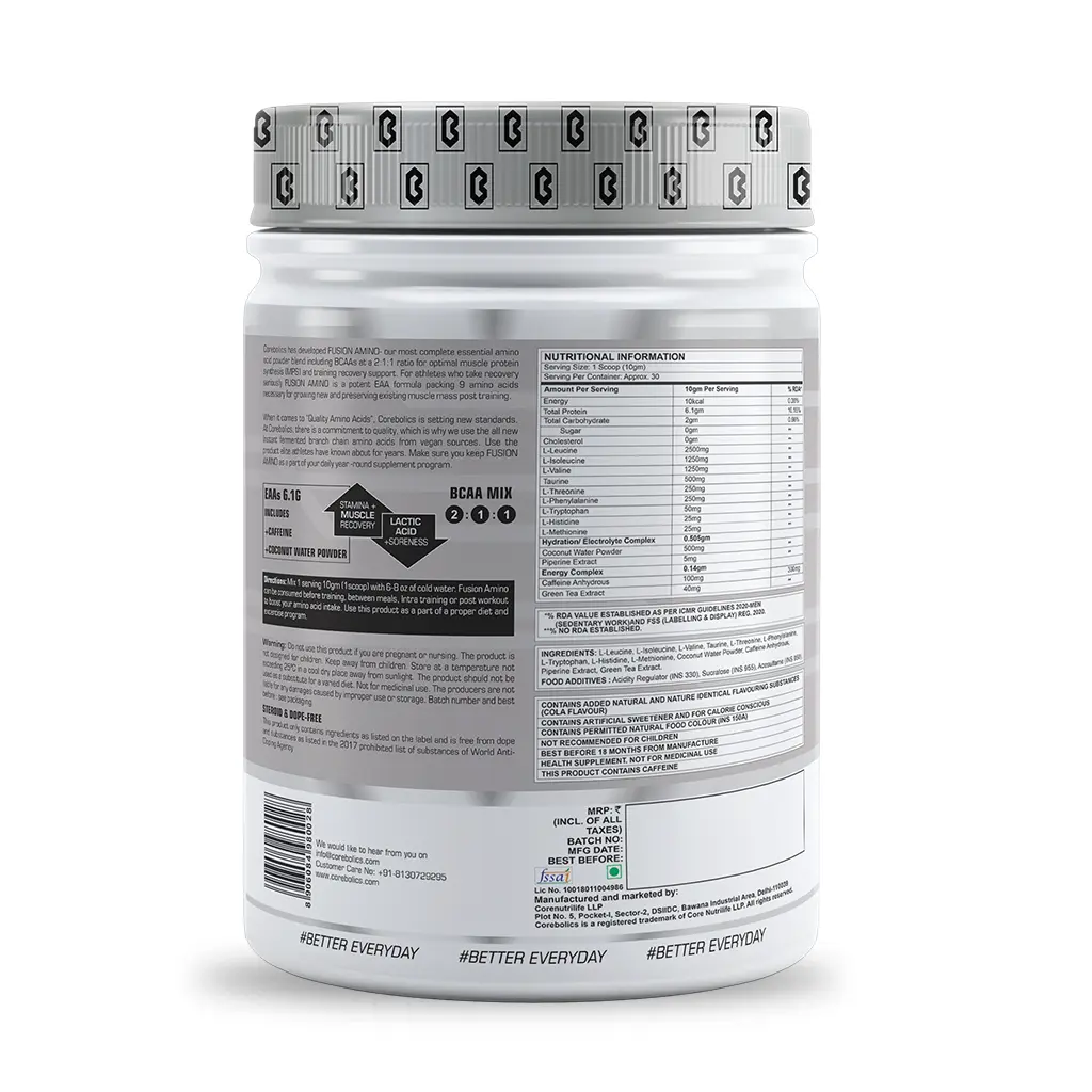 Corebolics Fusion Amino Full Spectrum EAAS (300 gm, 30 Servings) + FREE T-shirt