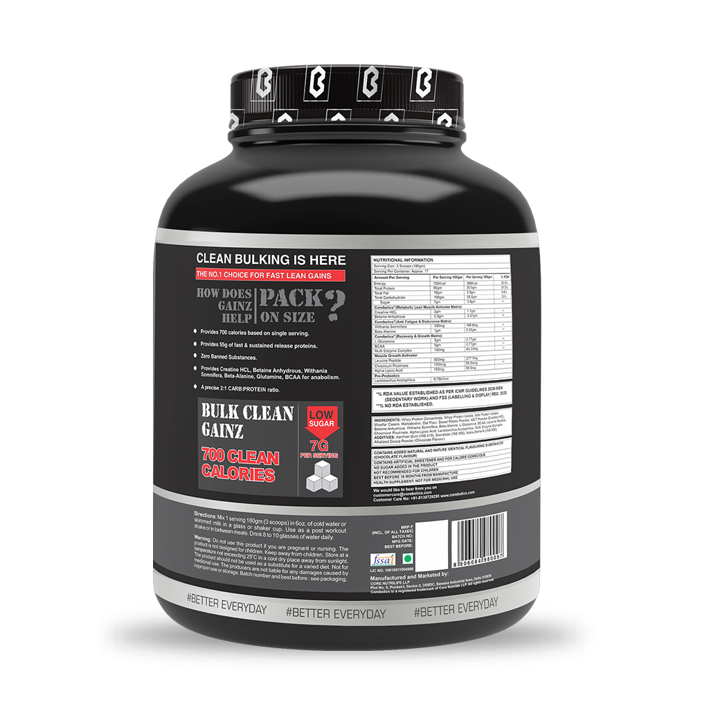 Corebolics Gainz Pro-Lean Mass Gainer (3 kg, 17 Servings)