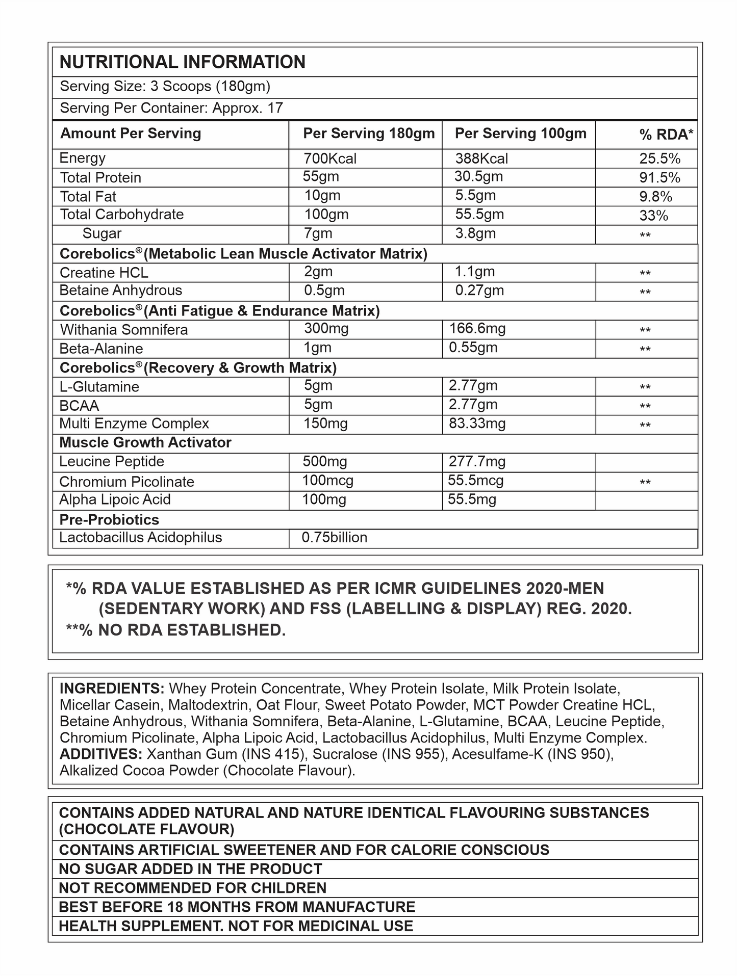 Corebolics Gainz Pro-Lean Mass Gainer (3 kg, 17 Servings)