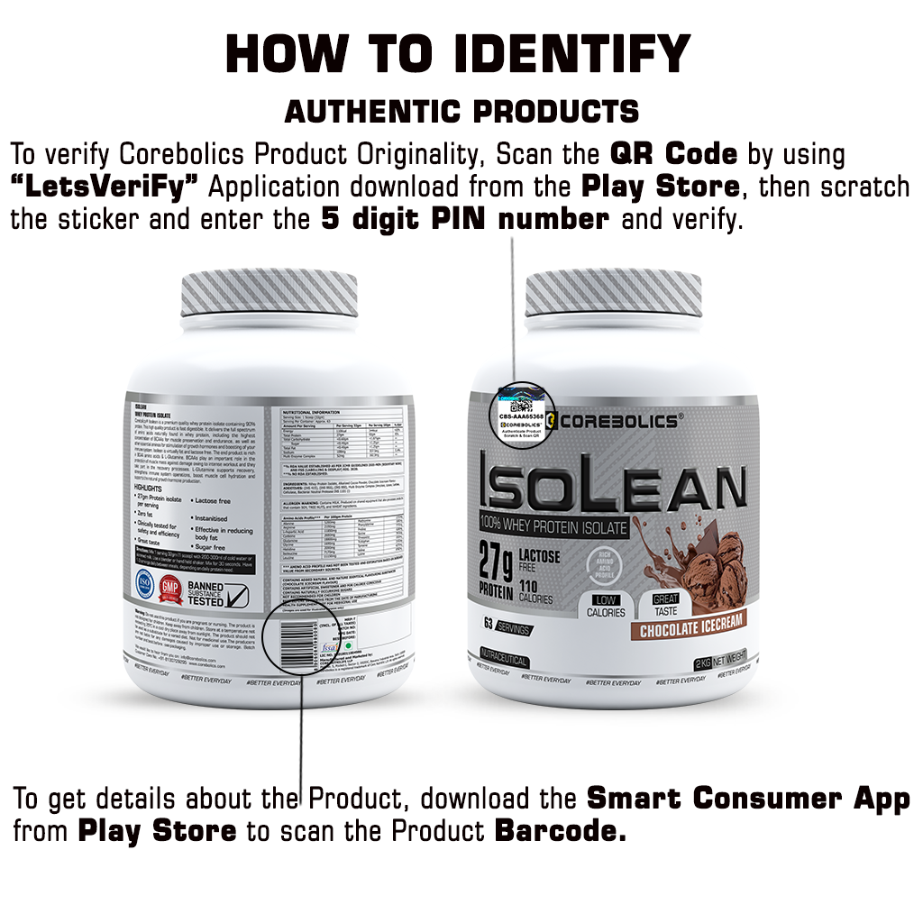 Corebolics Isolean 100% Whey Protein Isolate (2 kg, 63 Servings) +  FREE GOLD STEEL SHAKER