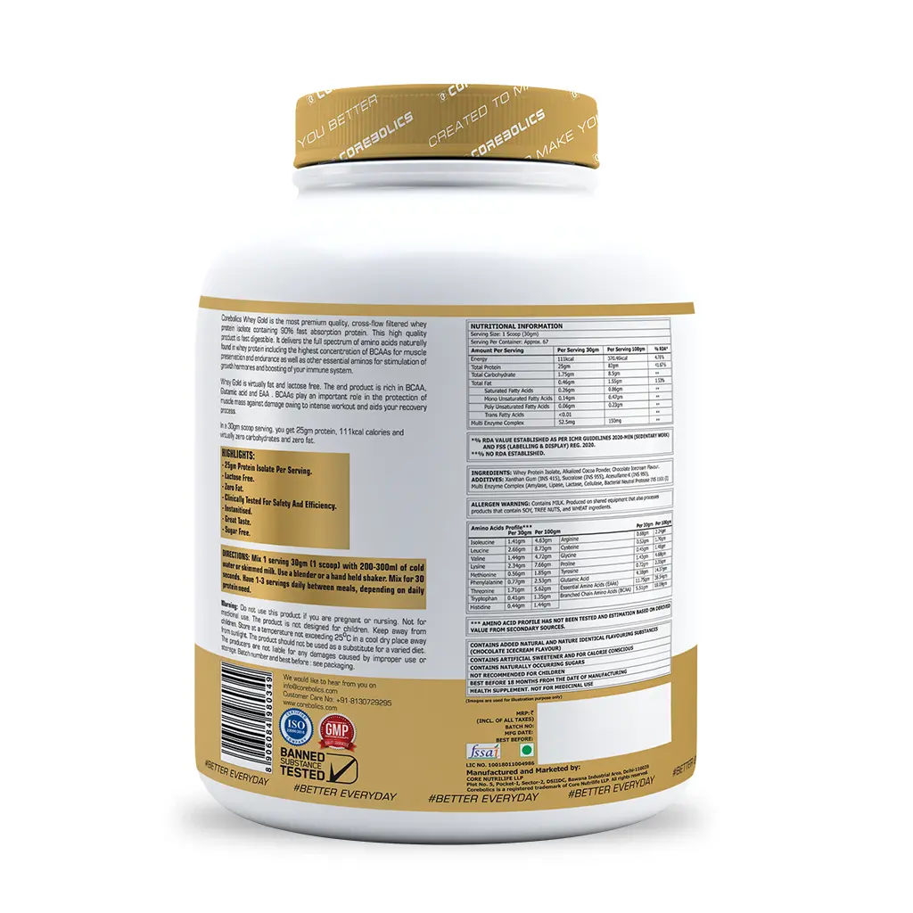 Corebolics Whey Gold - Isolate Protein(2 kg, 67 Servings) + FREE WHITE HOODIE