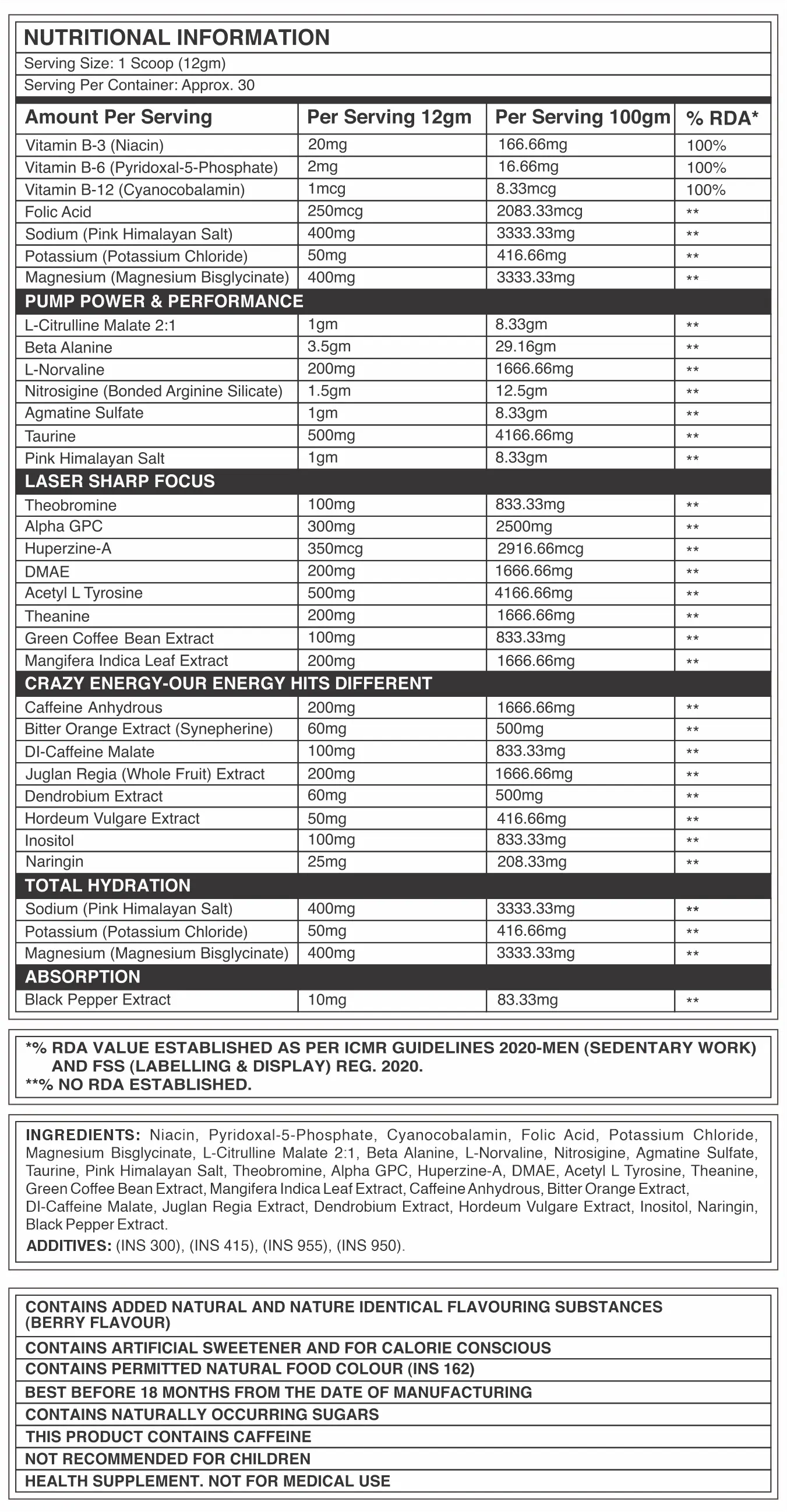 XPLODE PRE WORKOUT NUTRITIONALL INFORMATION 