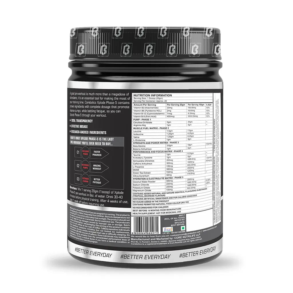 Corebolics Xplode Phase-5 (Tropical Madness, 400gm, 20 Servings) + Free T-shirt