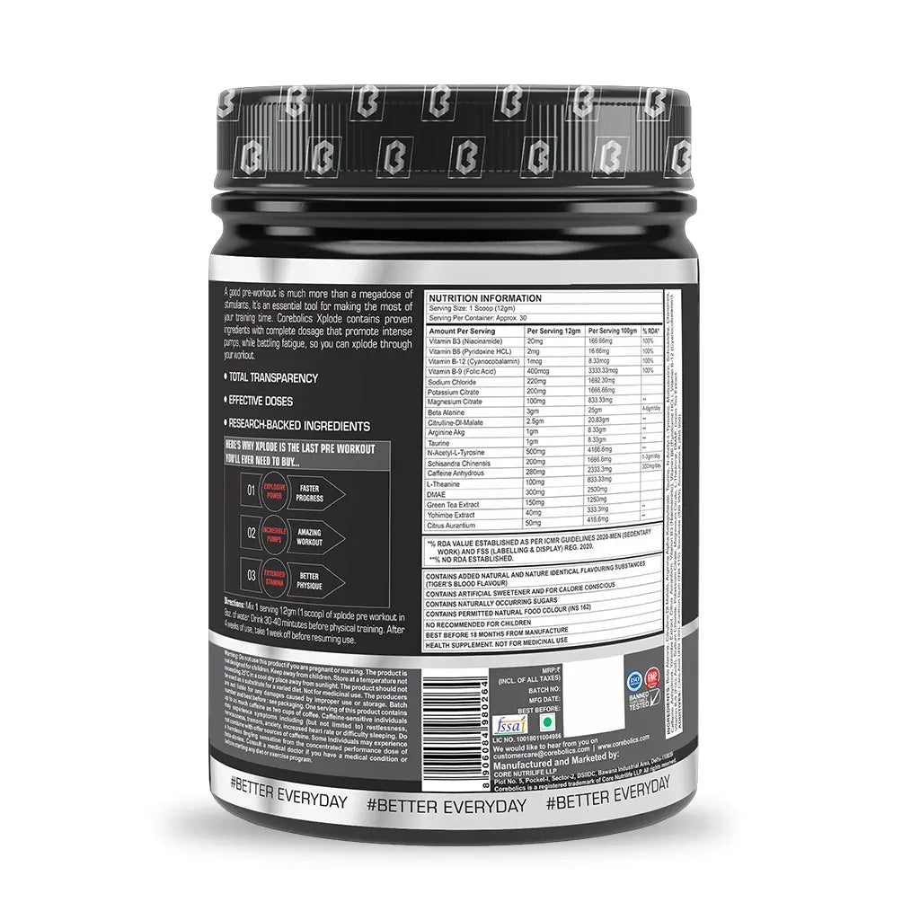 Corebolics Xplode Pre Workout Formula(360 gm, 30 Servings) + FREE T-shirt