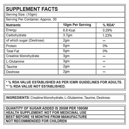 Corebolics CGT (Creatine, Glutamine & Taurine),(Unflavored, 300 gm, 30 Servings)